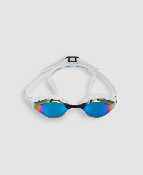 arena air sonic blue white mirror goggle, light and comfortable training goggle with added stability and reduced pressure on eyes. front view of goggles.