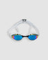 arena air sonic blue white mirror goggle, light and comfortable training goggle with added stability and reduced pressure on eyes. front view of goggles.