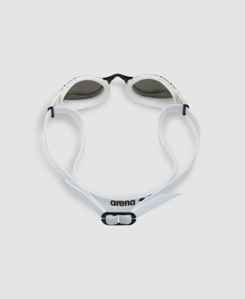 arena air sonic blue white mirror goggle, light and comfortable training goggle with added stability and reduced pressure on eyes. rear view of goggles.