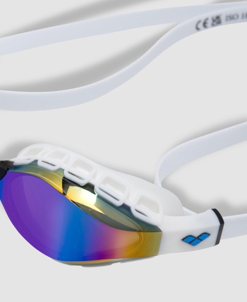 arena air sonic blue white mirror goggle, light and comfortable training goggle with added stability and reduced pressure on eyes. close up view of lens.