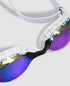 arena air sonic blue white mirror goggle, light and comfortable training goggle with added stability and reduced pressure on eyes. close up view of the lenses.