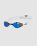 arena air sonic blue white mirror goggle, light and comfortable training goggle with added stability and reduced pressure on eyes. front side view of goggles.