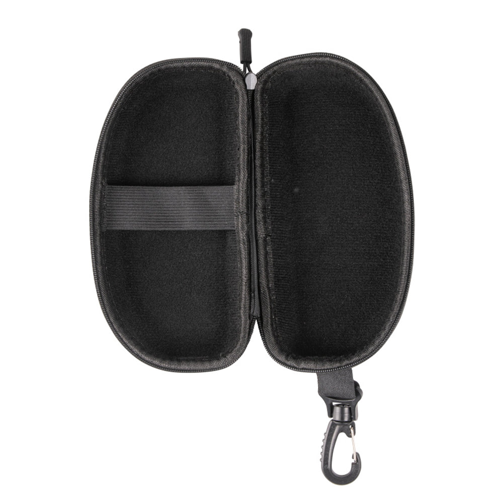 interior of arena goggle case, soft lining with an elastic strap, black colour, case on a white background
