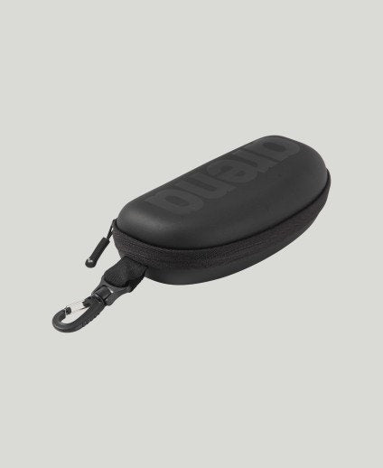exterior of arena goggle case, hard shell case with arena logo, black colour, case on a white background