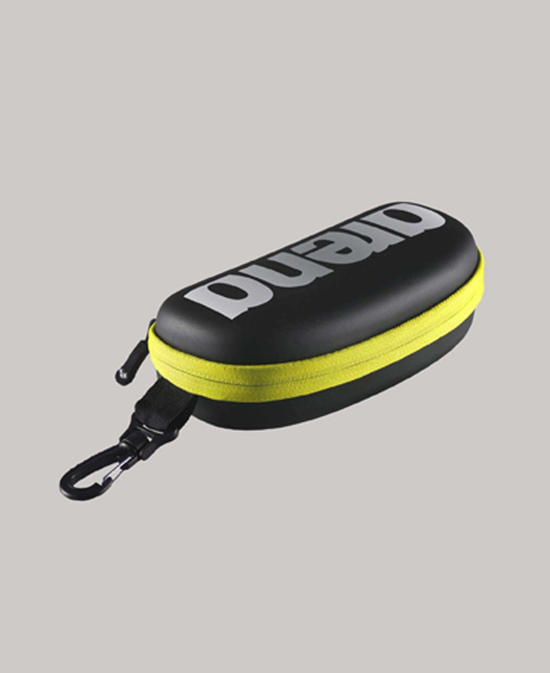 exterior of arena goggle case, hard shell case with arena logo, black and yellow colour, case on a white background