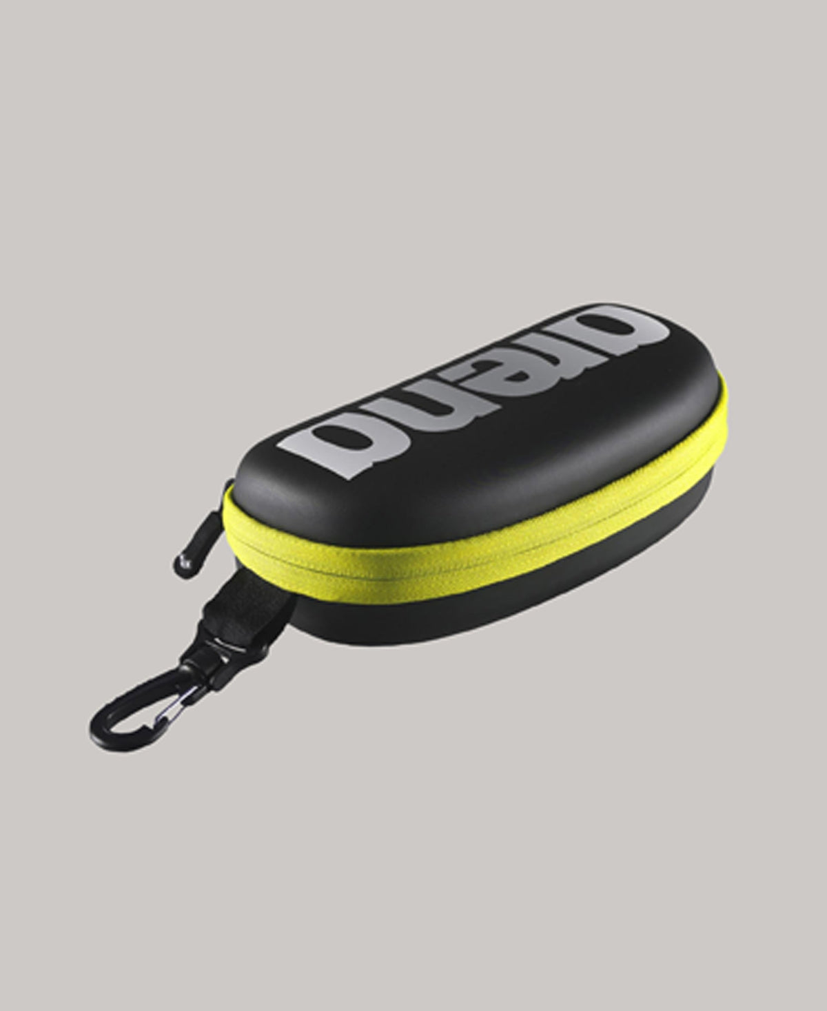 exterior of arena goggle case, hard shell case with arena logo, black and yellow colour, case on a white background
