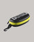 exterior of arena goggle case, hard shell case with arena logo, black and yellow colour, case on a white background