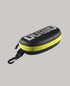exterior of arena goggle case, hard shell case with arena logo, black and yellow colour, case on a white background