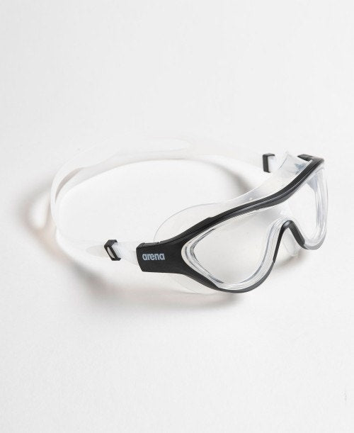 arena mask goggle, called the one, in clear lens with black detail, side view with logo
