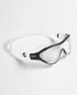 arena mask goggle, called the one, in clear lens with black detail, side view with logo