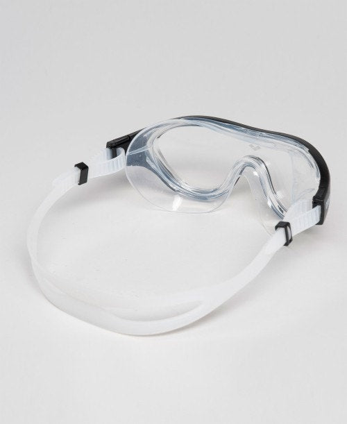 arena mask goggle, called the one, in clear lens with black detail, inner view angled