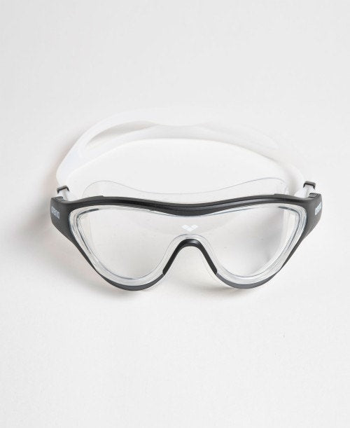 arena mask goggle, called the one, in clear lens with black detail, front view with logo graphic at centre