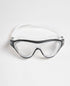 arena mask goggle, called the one, in clear lens with black detail, front view with logo graphic at centre