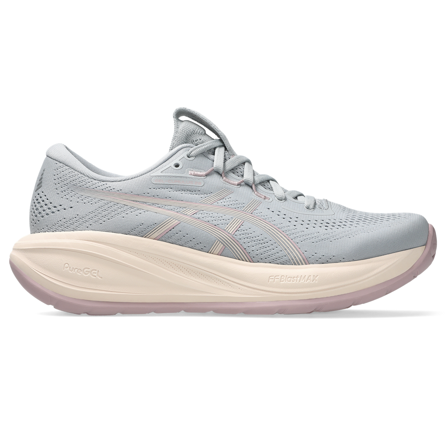 asics cumulus 28 womens, lightweight cushioned running and walking shoe, light blue and light pink colours, side profile of shoe on white background
