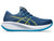 asics gel cumulus 28 for men, lightweight running shoe with soft cushioning, navy blue colour with white sole, side profile of shoe