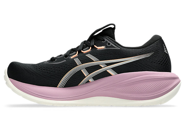 women's asics gel cumulus run shoe in black with pink sole