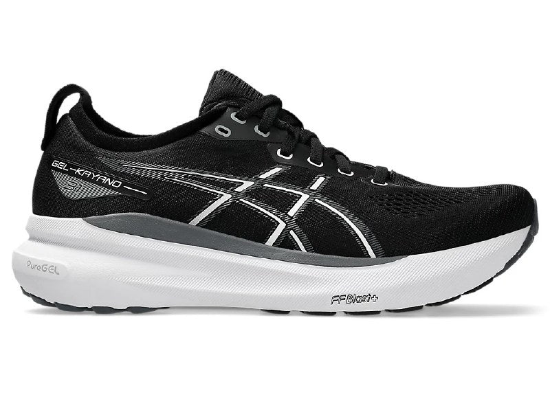 Black asics running shoe with white sole