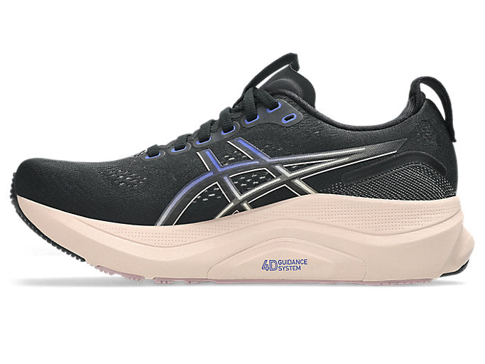 asics gel kayano in black for women showing 4d guidance system for support