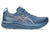 asics gel kayano for women, supportive shoe for running and walking, navy colour with purple details, side profile of both shoes on a white background