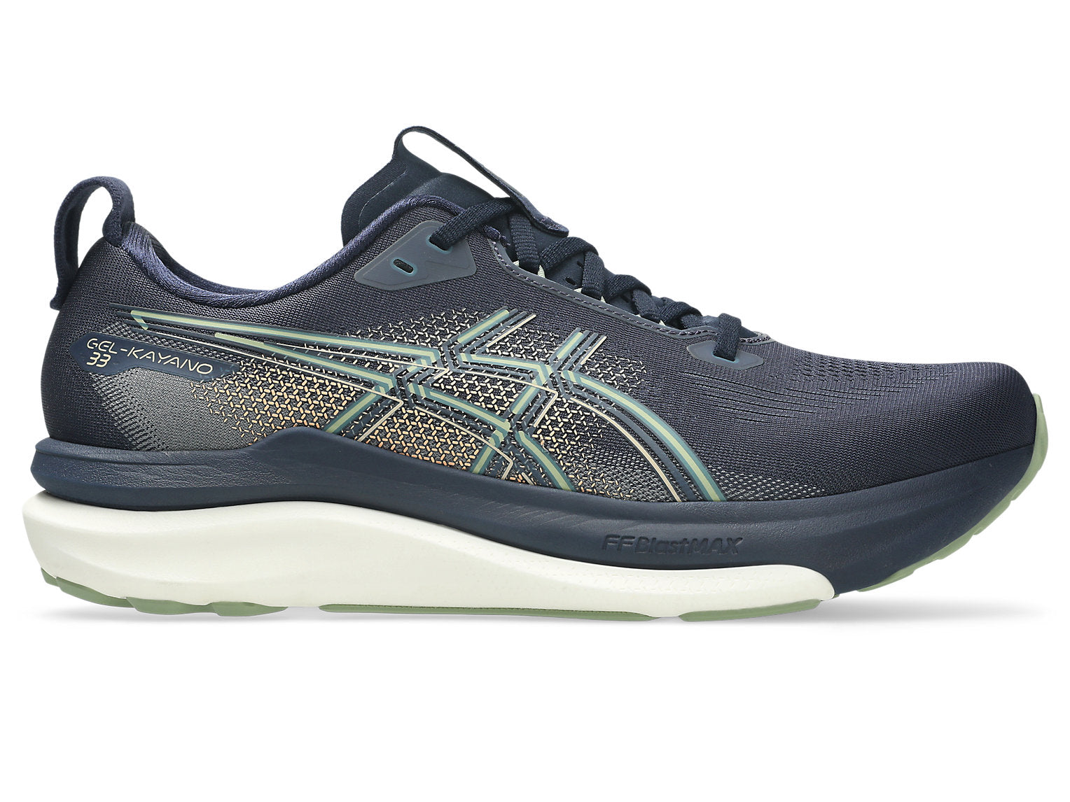 asics gel kayano 33 running shoes for men in midnight blue and khaki colour, side view