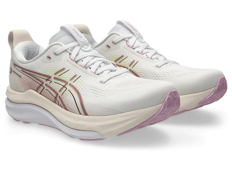 pair of asics gel kayano 33 for women, side view in white, hazy lilac colour