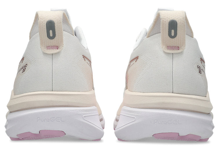 back of asics gel kayano 33 for women,  in white, hazy lilac colour