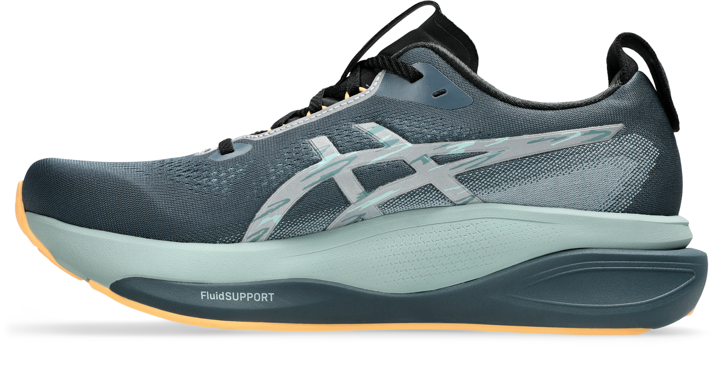 asics gel kayano mens 33 lite show, reflective supportive road running and walking shoes with maximum cushioning, grey blue with orange detail, inside profile of shoe