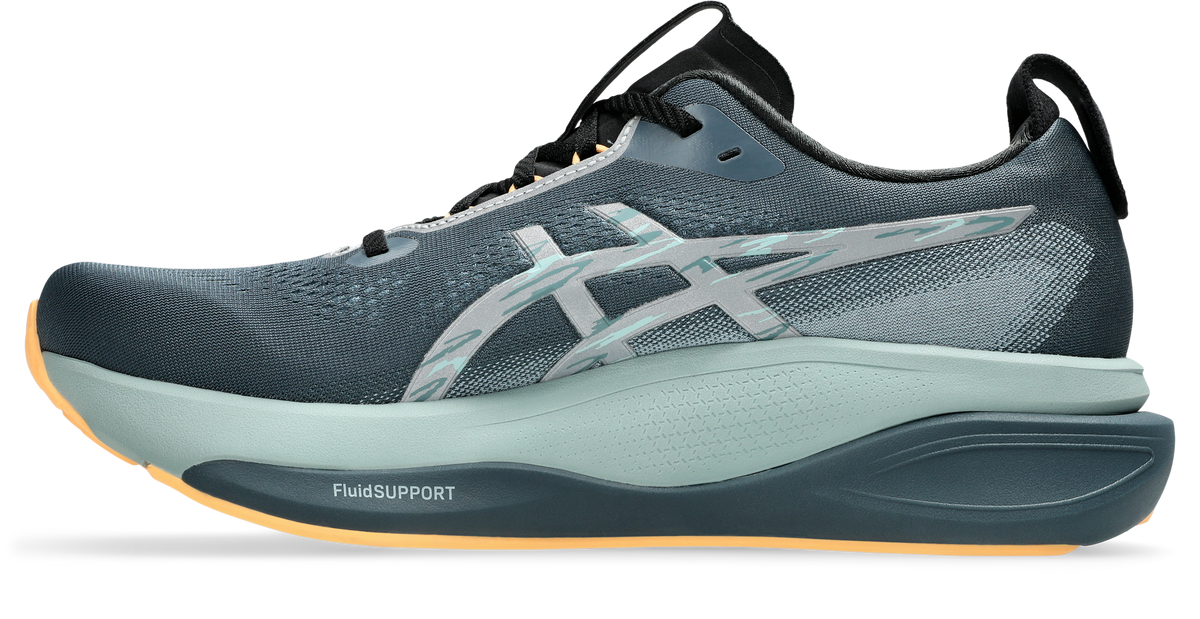 asics gel kayano mens 33 lite show, reflective supportive road running and walking shoes with maximum cushioning, grey blue with orange detail, inside profile of shoe