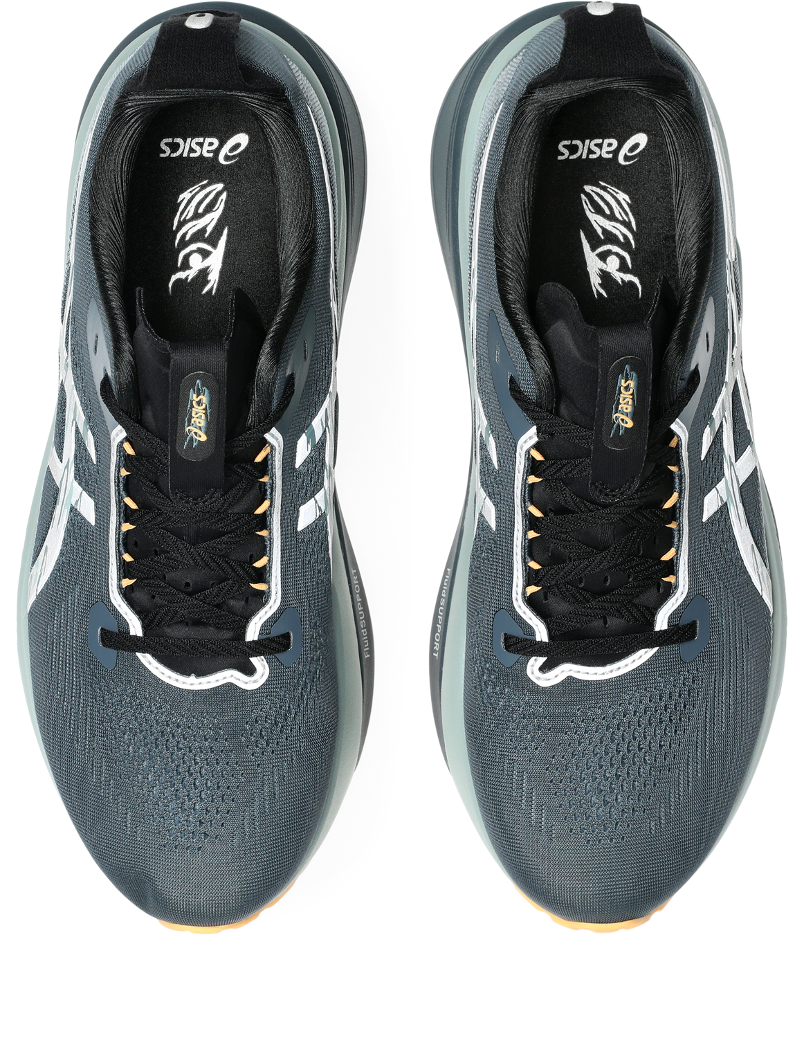 asics gel kayano mens 33 lite show, reflective supportive road running and walking shoes with maximum cushioning, grey blue with orange detail, top down of shoes