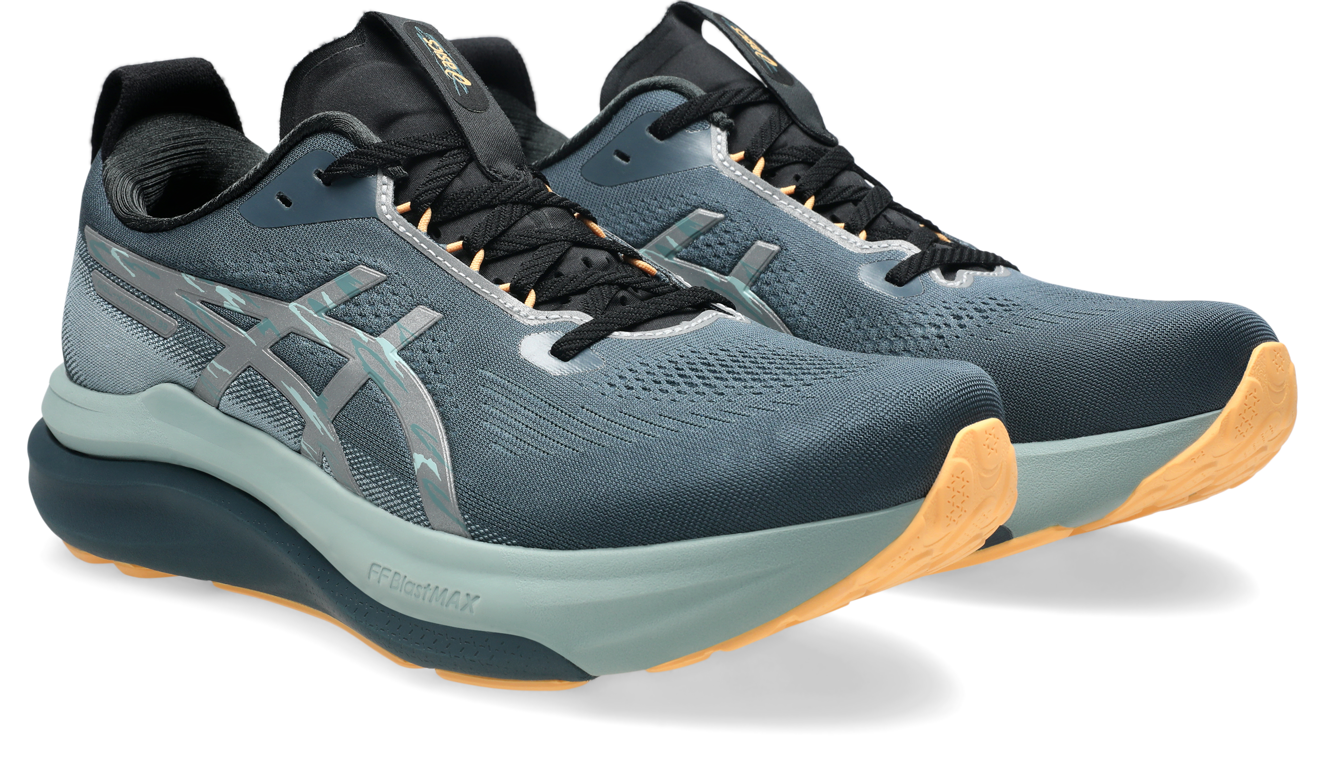 asics gel kayano mens 33 lite show, reflective supportive road running and walking shoes with maximum cushioning, grey blue with orange detail, pair of shoes