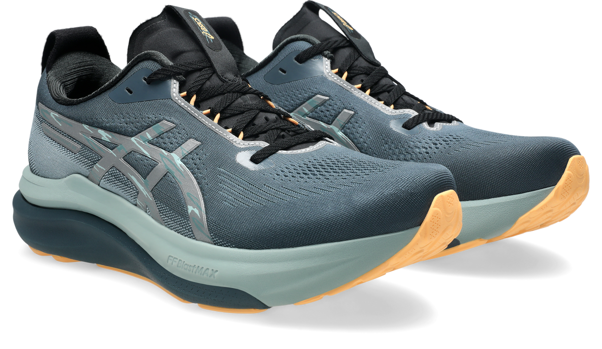 asics gel kayano mens 33 lite show, reflective supportive road running and walking shoes with maximum cushioning, grey blue with orange detail, pair of shoes