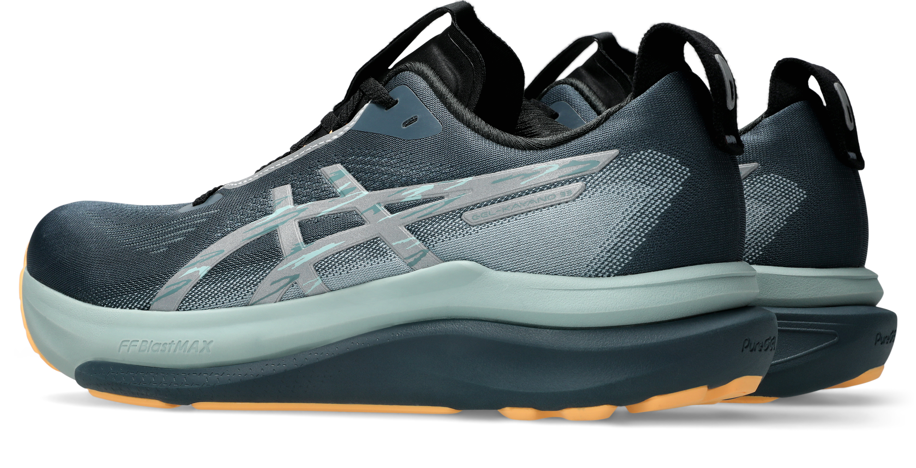 asics gel kayano mens 33 lite show, reflective supportive road running and walking shoes with maximum cushioning, grey blue with orange detail, heels of shoes