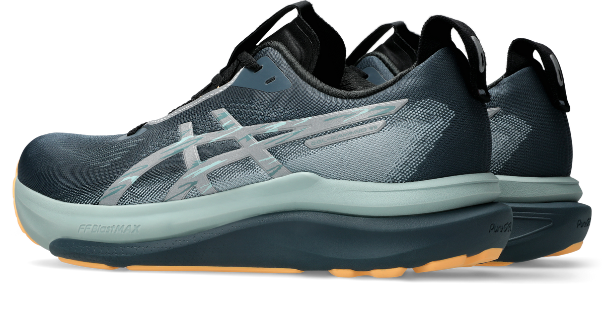 asics gel kayano mens 33 lite show, reflective supportive road running and walking shoes with maximum cushioning, grey blue with orange detail, heels of shoes