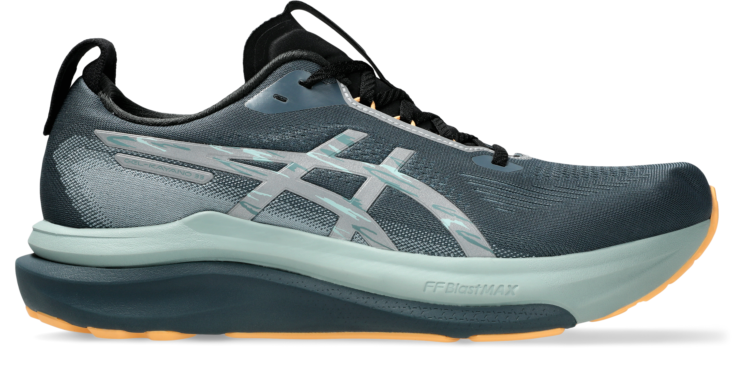 asics gel kayano mens 33 lite show, reflective supportive road running and walking shoes with maximum cushioning, grey blue with orange detail, side profile of shoe
