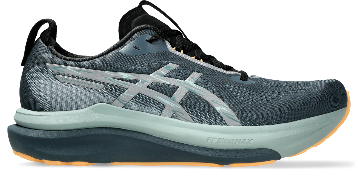 asics gel kayano mens 33 lite show, reflective supportive road running and walking shoes with maximum cushioning, grey blue with orange detail, side profile of shoe