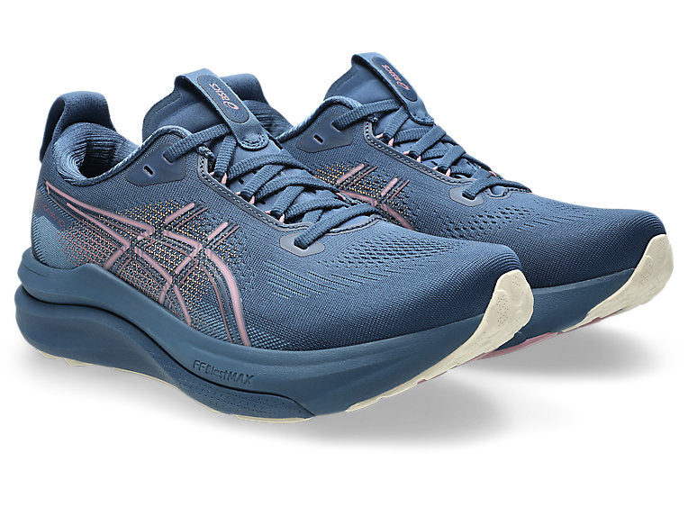 asics gel kayano for women, supportive shoe for running and walking, navy colour with purple details, side profile of both shoes on a white background