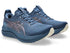 asics gel kayano for women, supportive shoe for running and walking, navy colour with purple details, side profile of both shoes on a white background