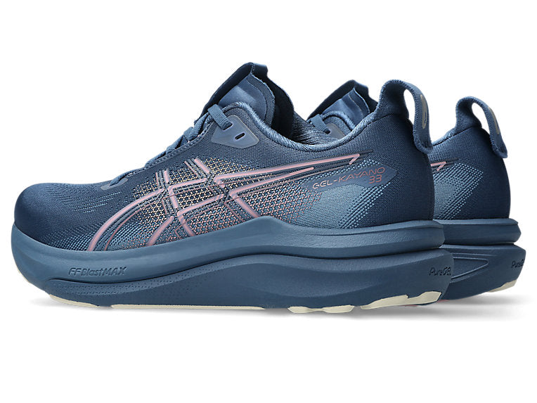 asics gel kayano for women, supportive shoe for running and walking, navy colour with purple details, side profile of both shoes on a white background
