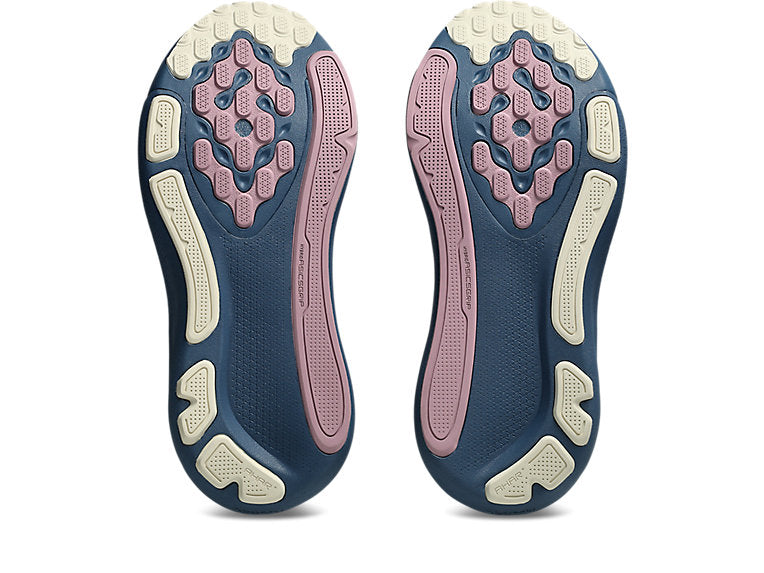 asics gel kayano for women, supportive shoe for running and walking, navy colour with purple details, profile of  sole of both shoes on a white background