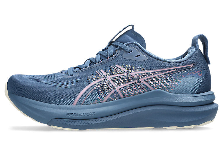 asics gel kayano for women, supportive shoe for running and walking, navy colour with purple details, side profile of shoe on a white background