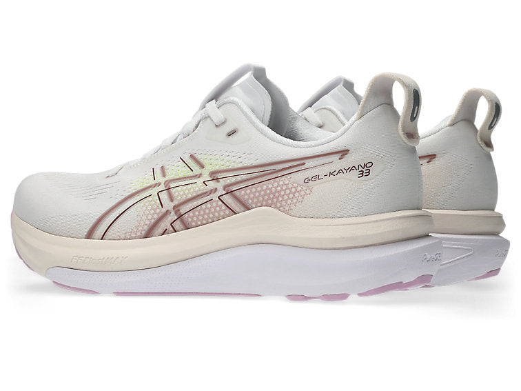 pair of asics gel kayano 33 for women, side view in white, hazy lilac colour