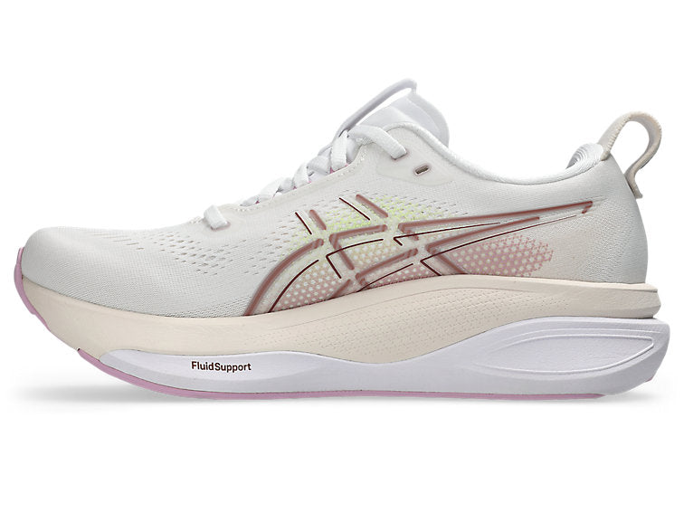 asics gel kayano 33 for women, side view in white, hazy lilac colour