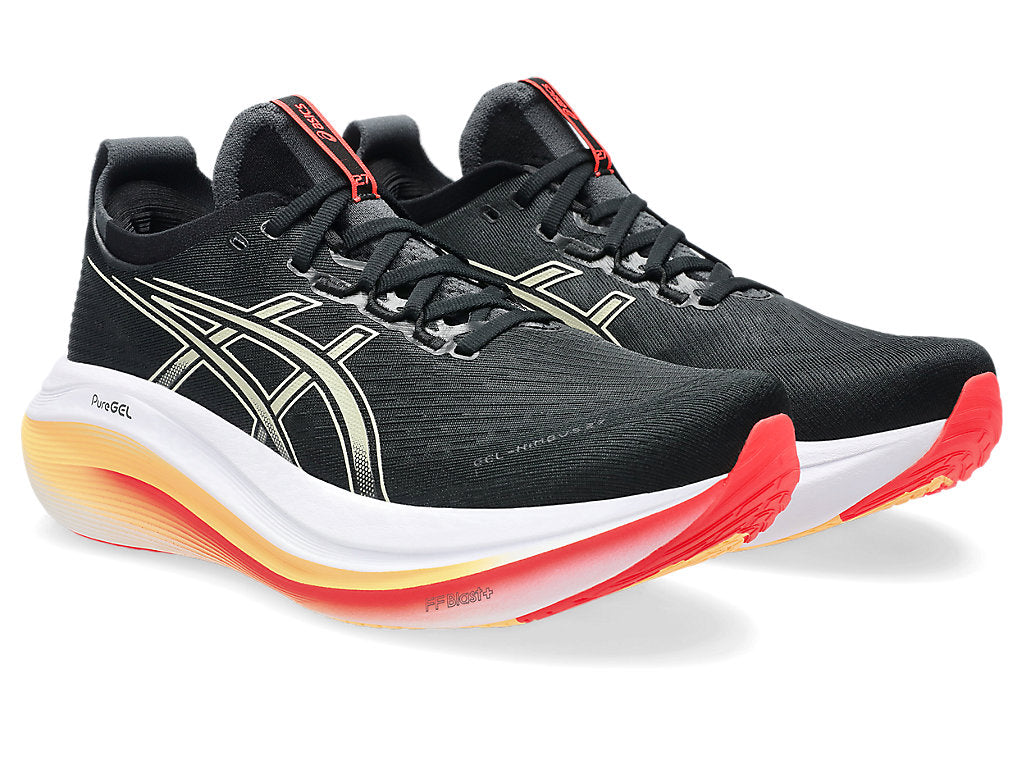 asics gel nimbus 27 running shoe for men, black khaki colour, pair of shoes