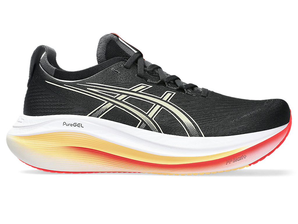 asics gel nimbus 27 running shoe for men, black khaki colour, side view