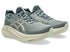 pair of greyish green asics running shoe with light green sole