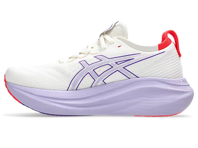white and purple asics gel nimbus running shoe with red details