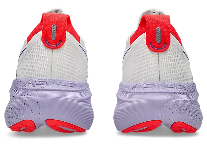 white and purple asics gel nimbus running shoe with purple and white speckles and red details heels
