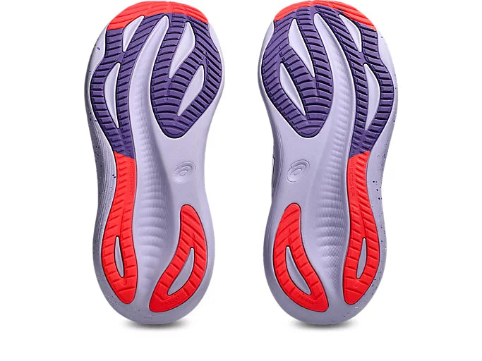 purple asics gel nimbus running shoe with purple and red sole
