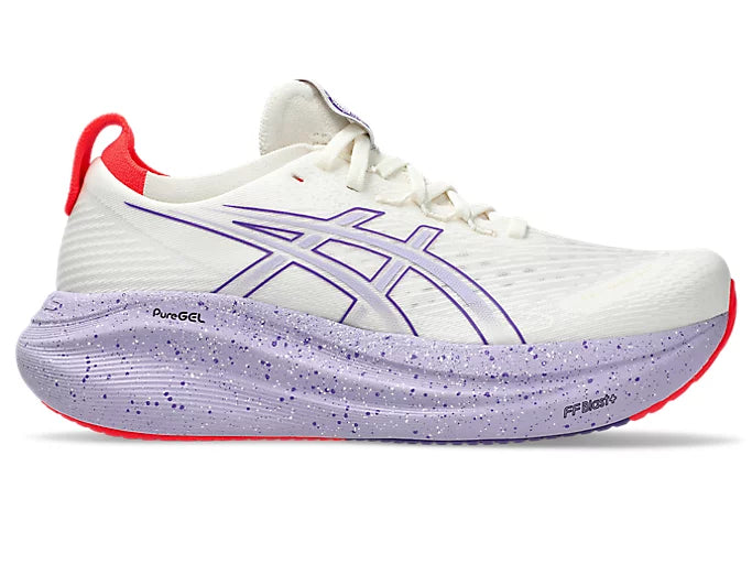 white and purple asics gel nimbus running shoe with purple and white speckles and red details
