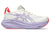 white and purple asics gel nimbus running shoe with purple and white speckles and red details